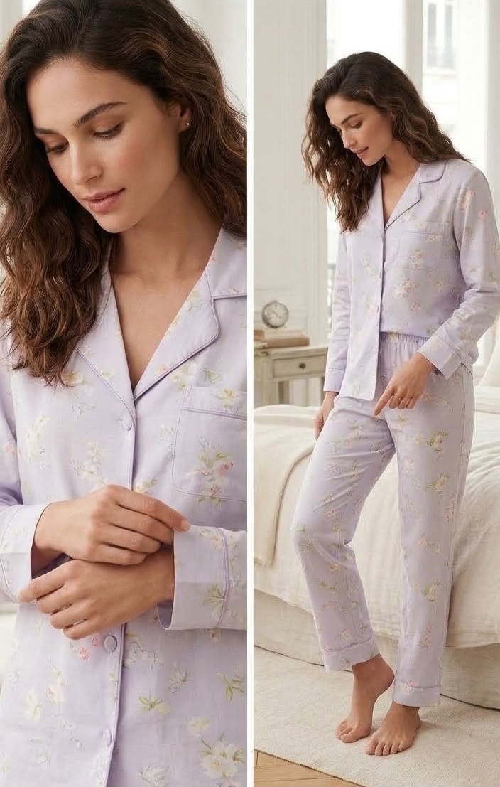 Flower blue floral pyjama set, close-up and full outfit
