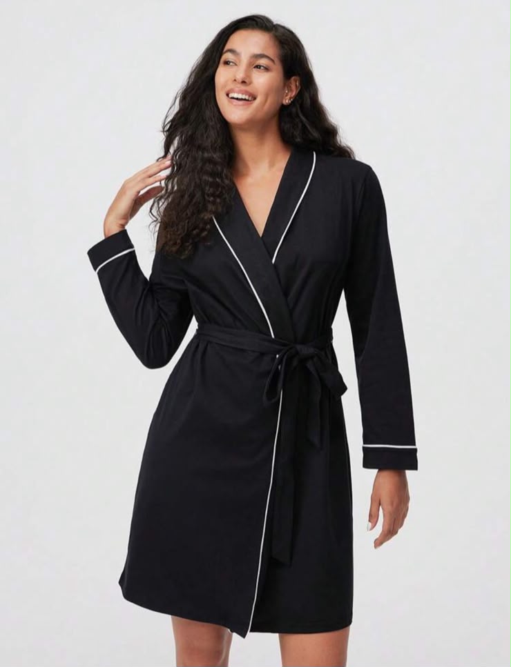 La docette black wrap robe with waist tie