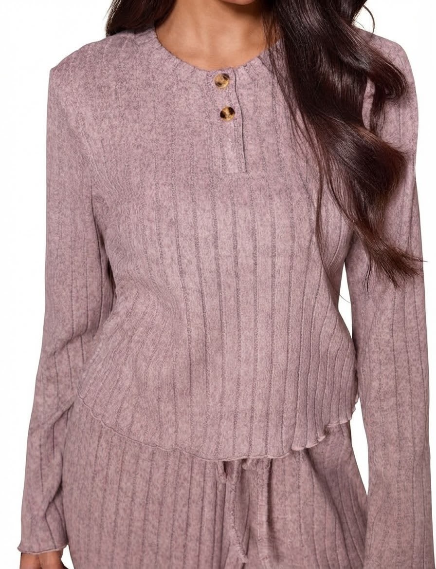 Close-up of Rosewood ribbed texture and two-button neckline