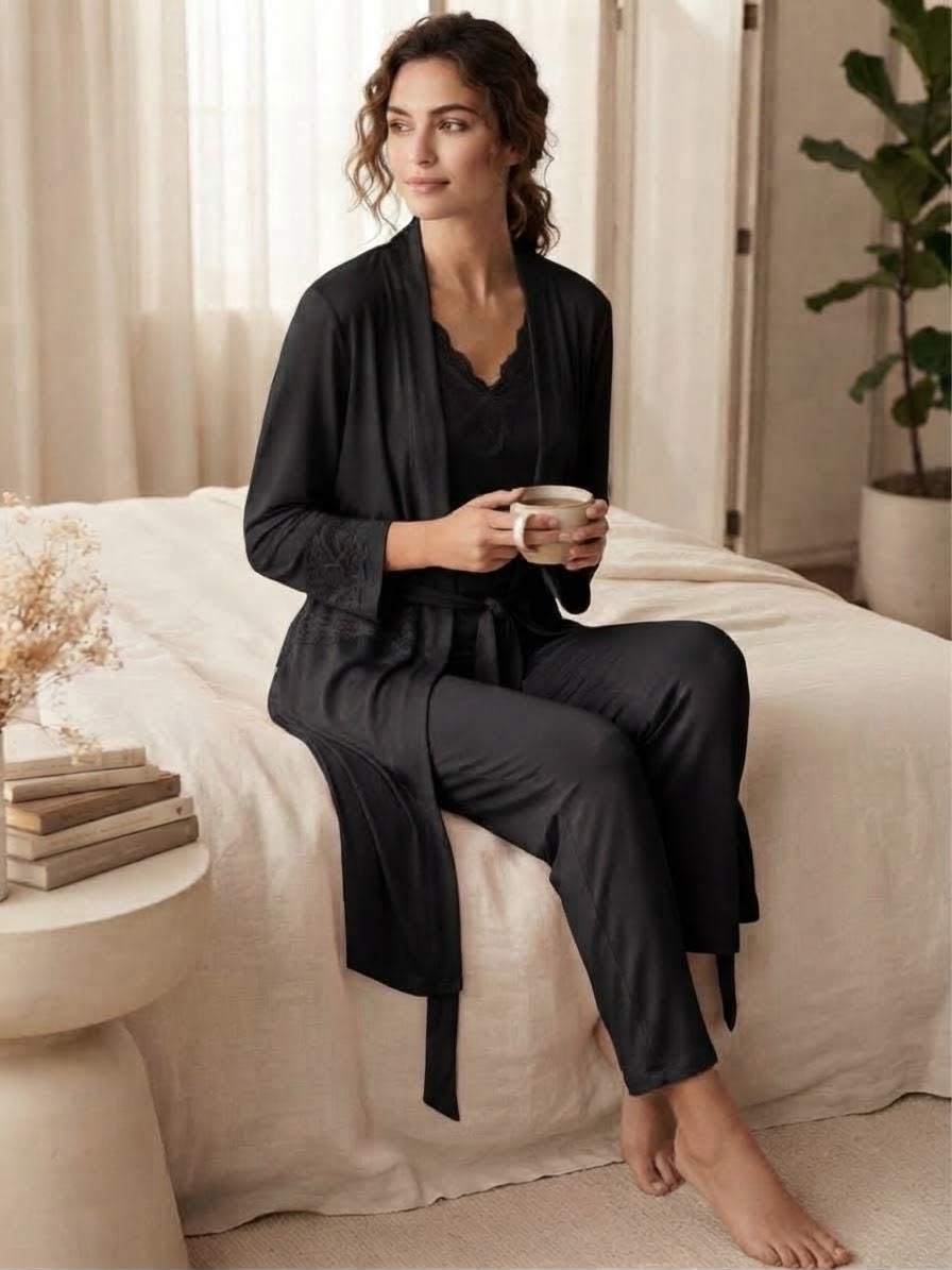 Black sleepwear set with lace-trim top, trousers and tie-waist robe