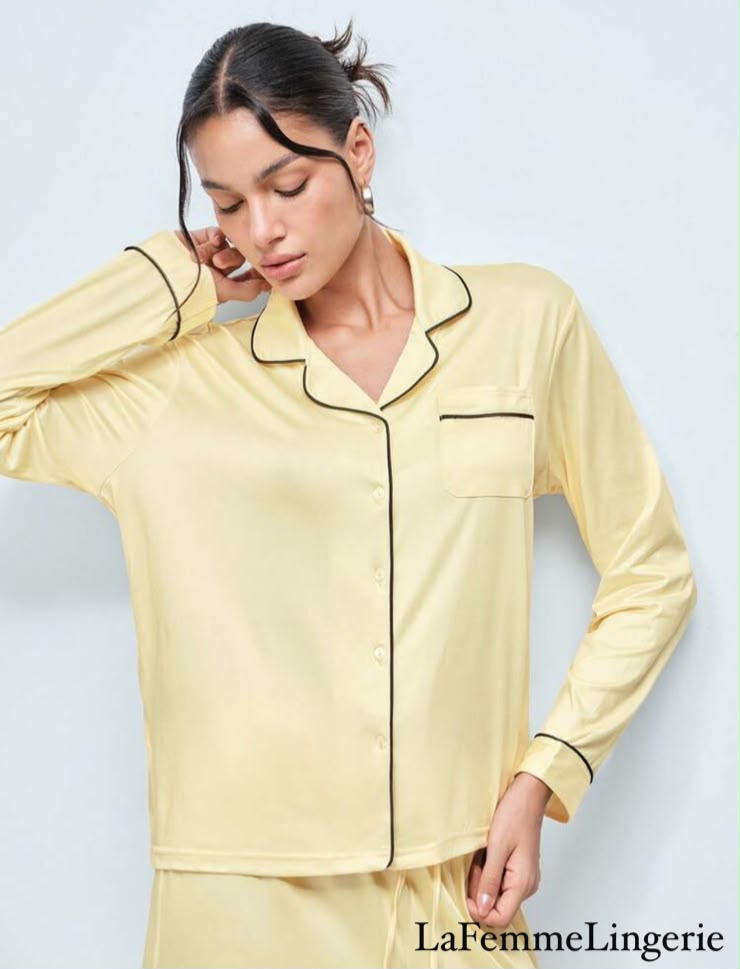 Butter-yellow pyjama top with dark contrast piping