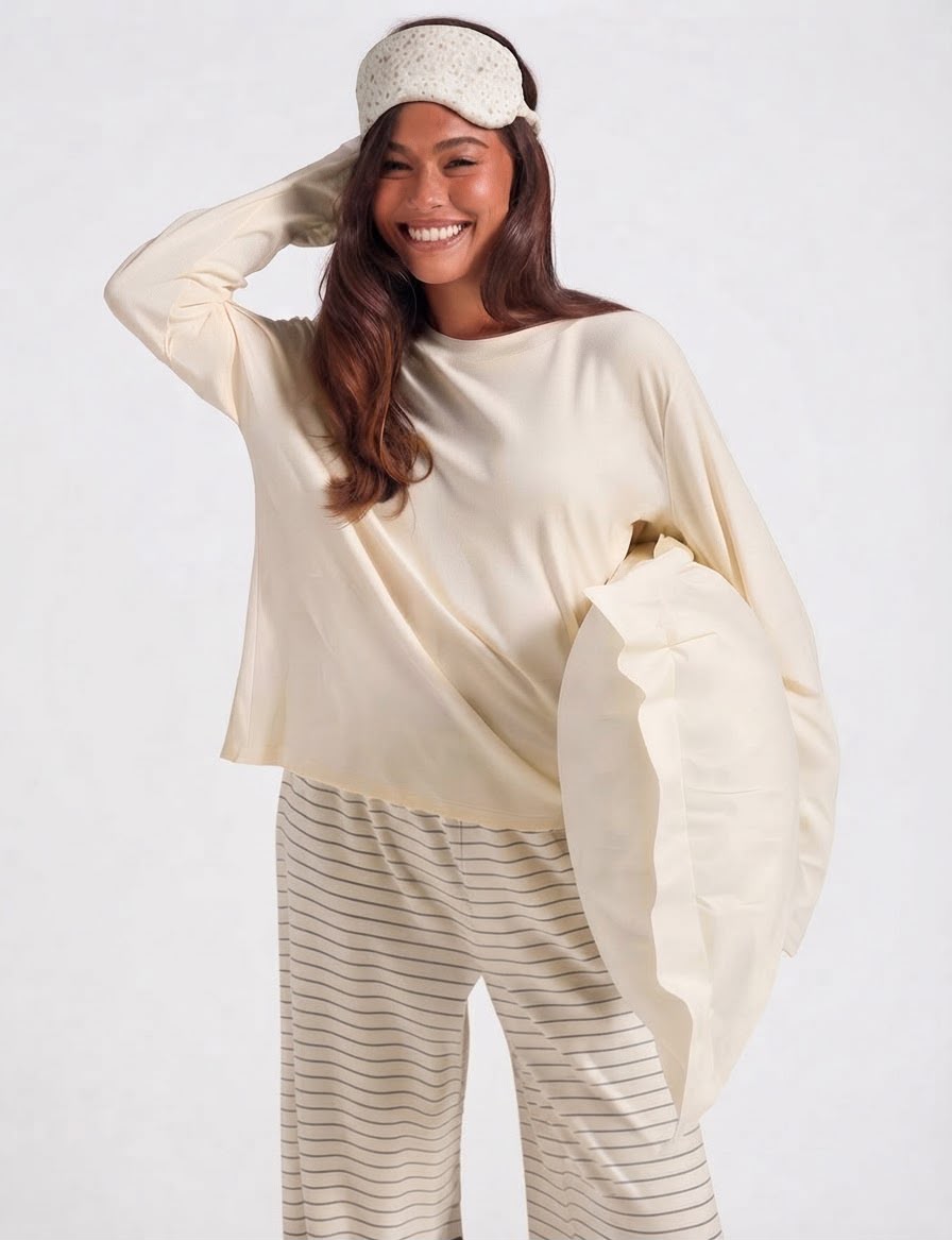 Creamy-vanilla long-sleeve pyjama top and striped trousers