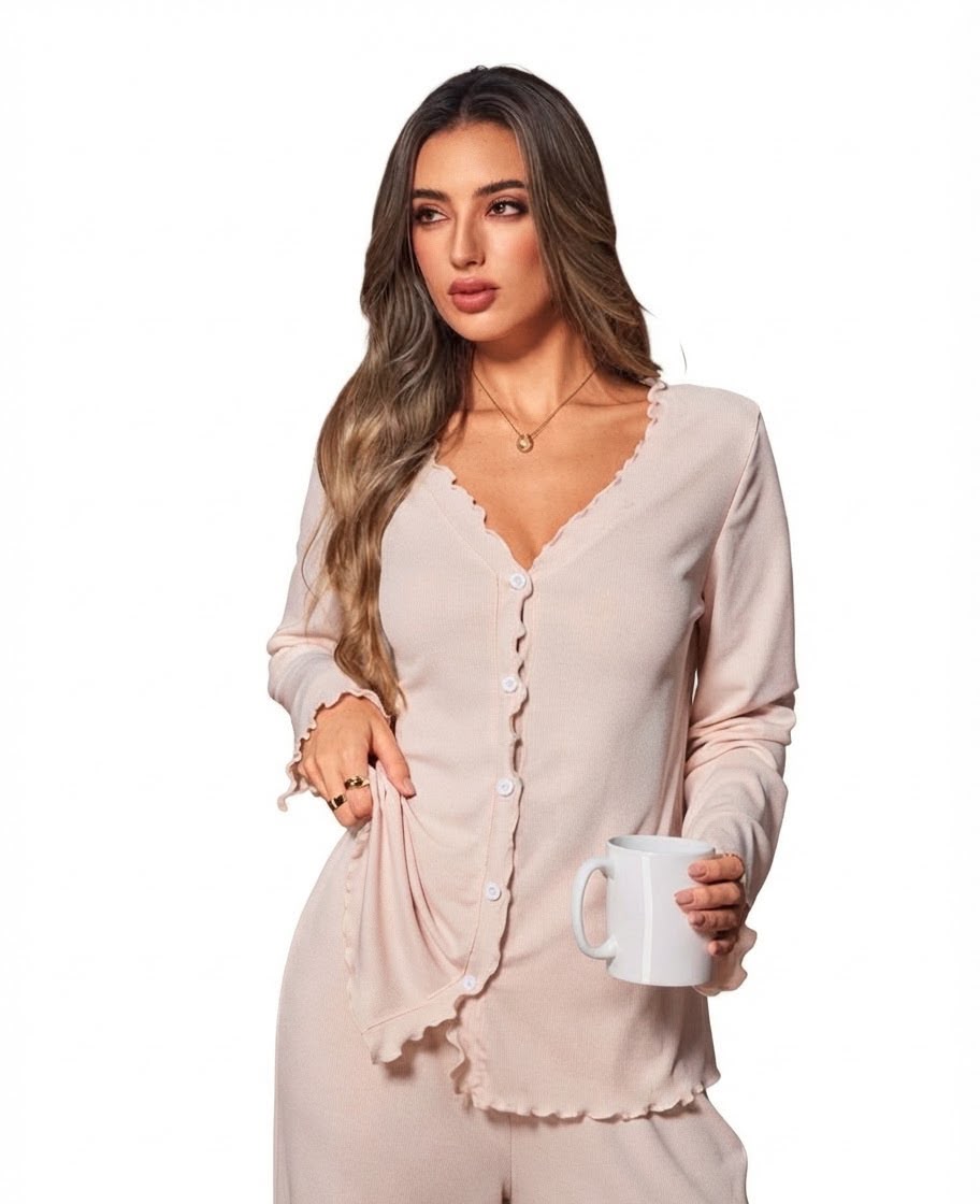 Light-pink Simplicity button-front top with lettuce-edge trims