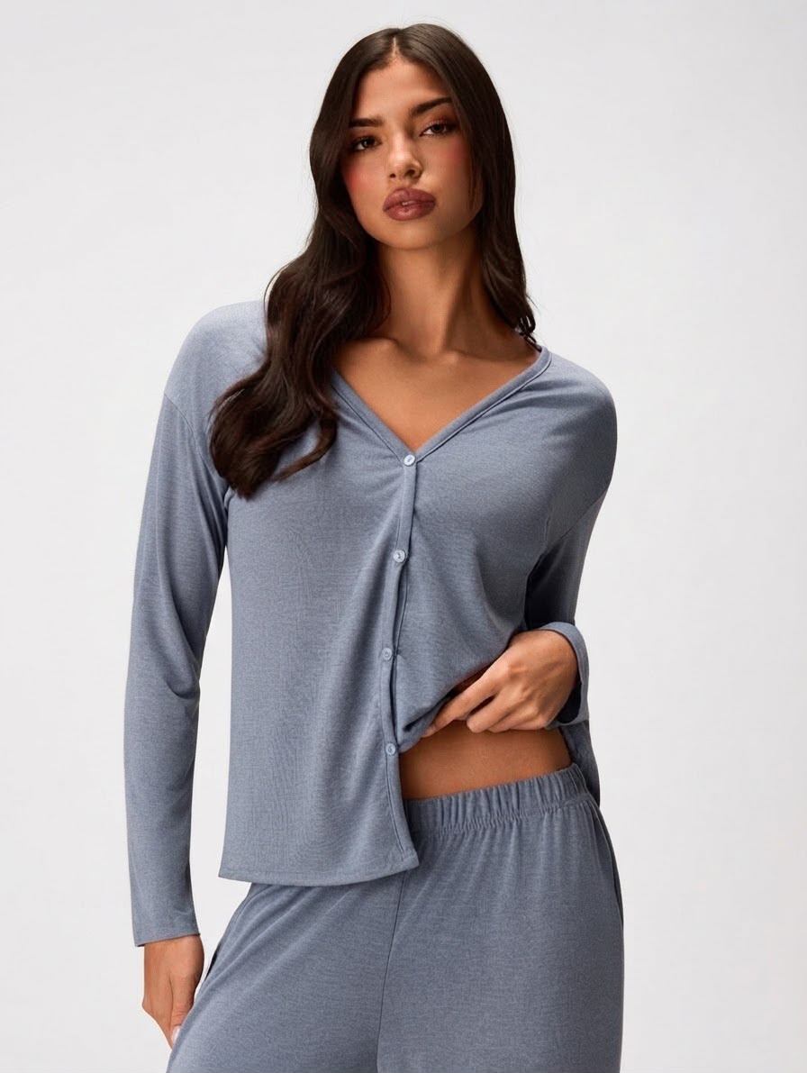 Twiilight blue button-front long-sleeve pyjama top detail
