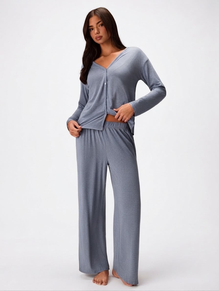 Twiilight blue jeans-colour pyjama set, full-length view