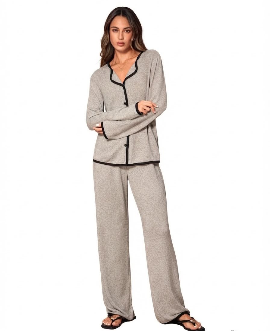 Midnight Trim greige pyjama set full-length view