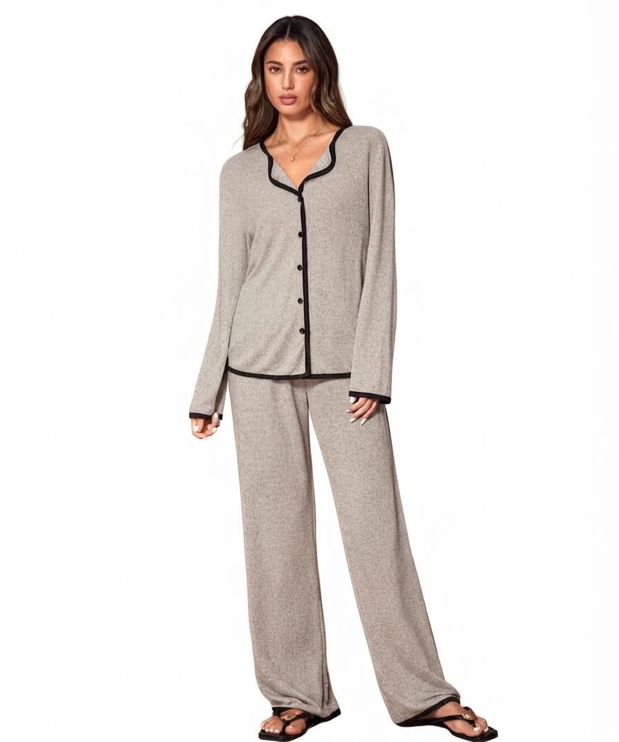 Greige button-up pyjama set with black contrast trim