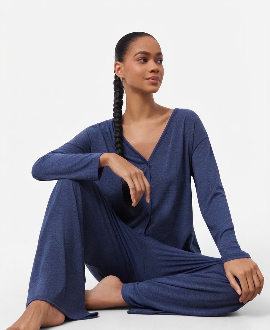 Twilight navy button-front pyjama set full-length view