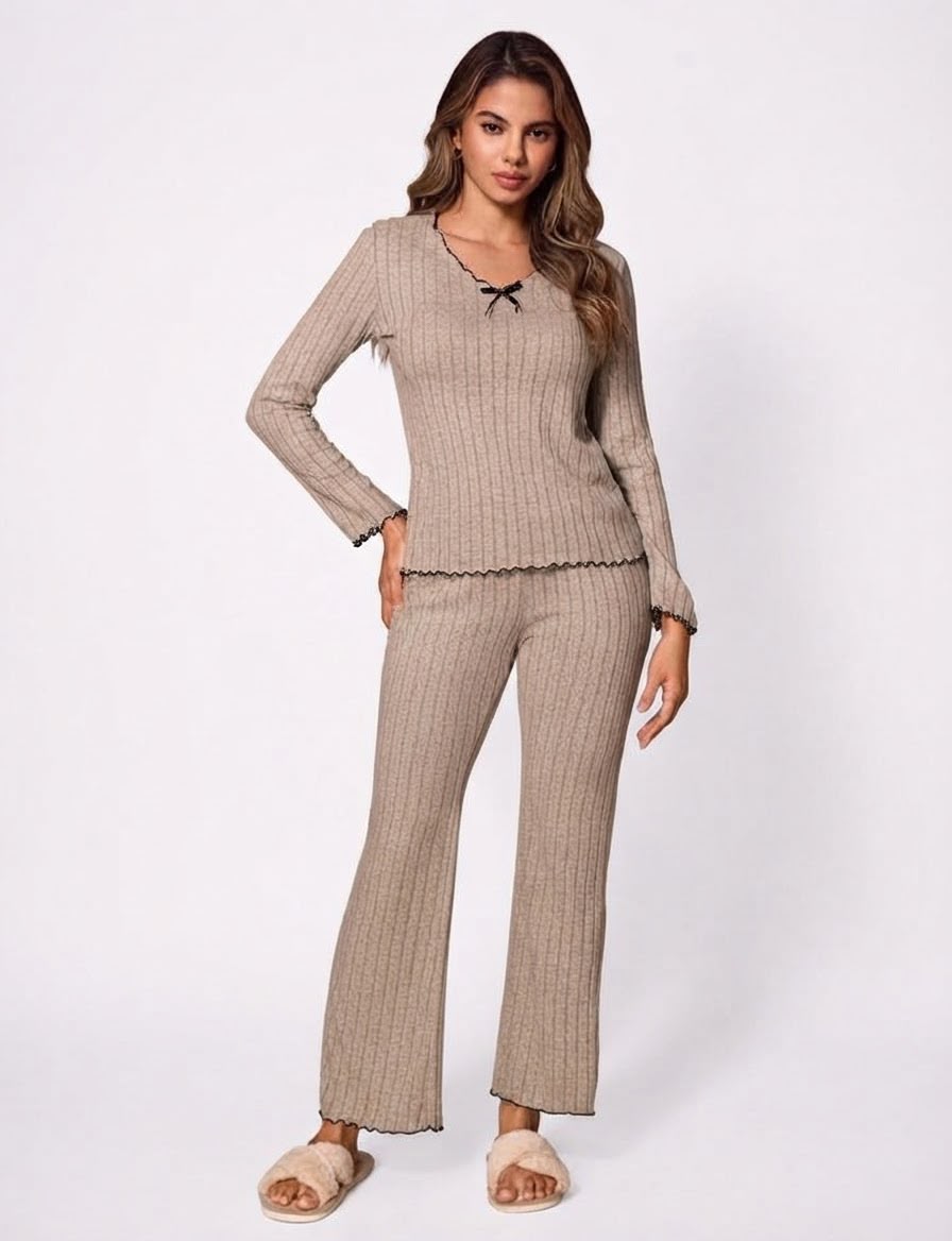 Juliette greige ribbed set full-length view
