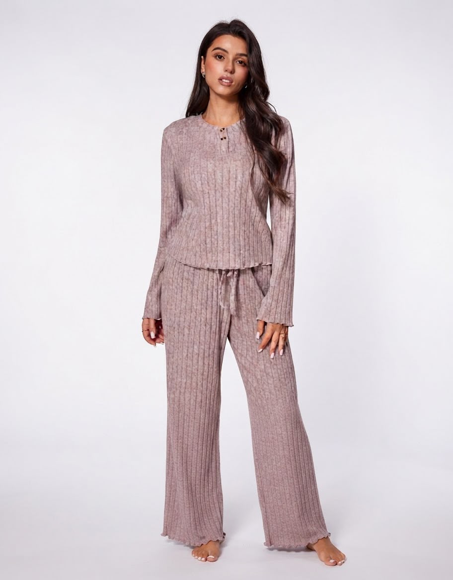Rosewood rose ribbed Henley set full-length view