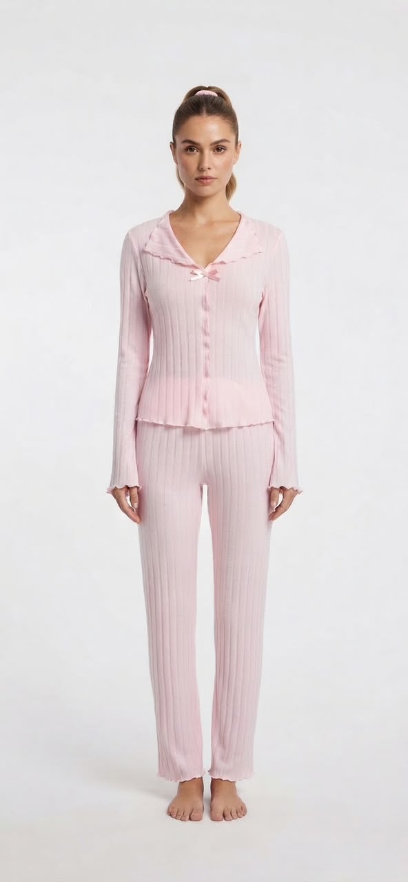 Ballet Pink ruffle-trim pyjama set full-length front view
